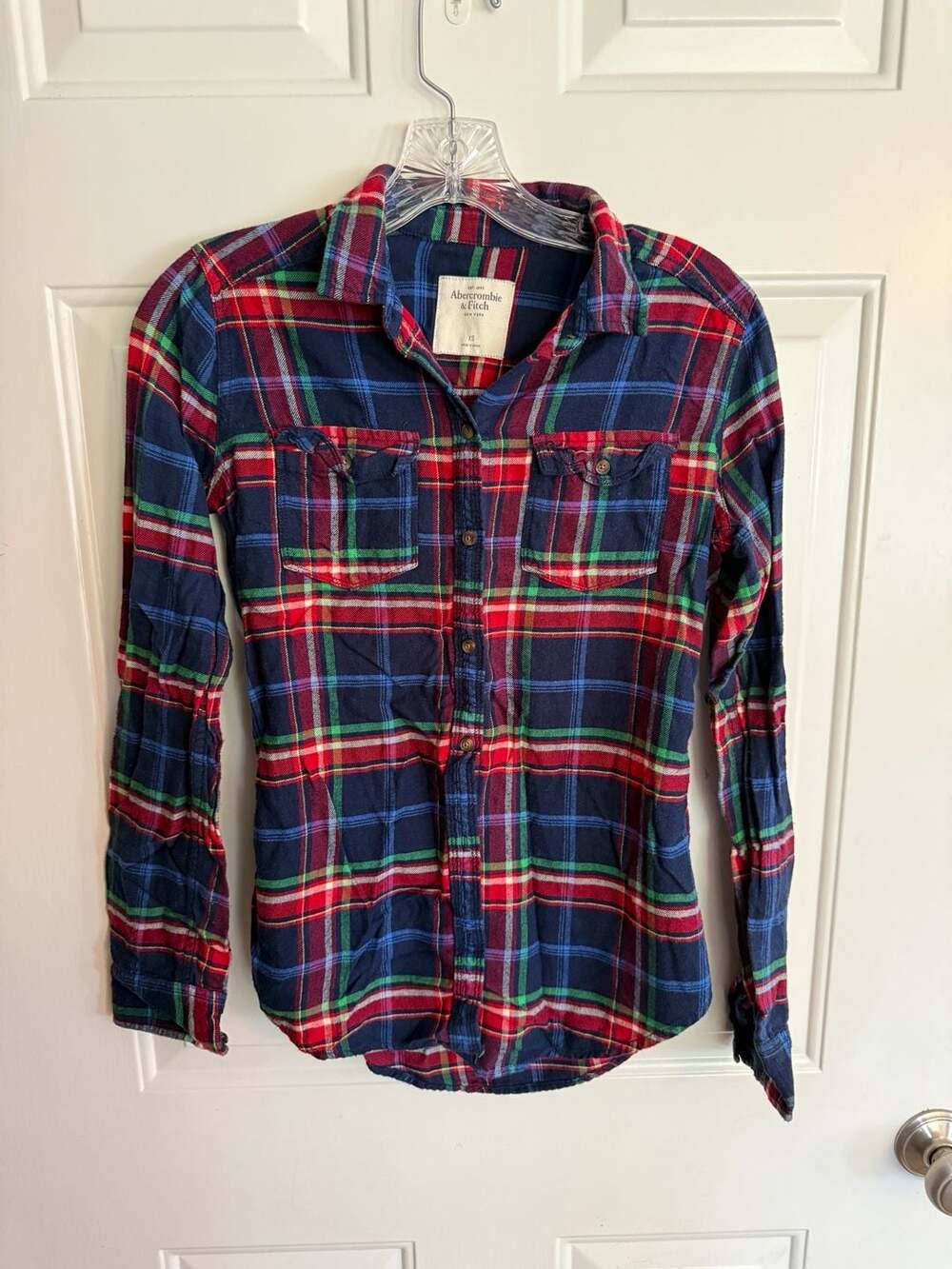 Hollister Womens Top Small Blue Check Collared Long Sleeve 2 Pocket Button Up